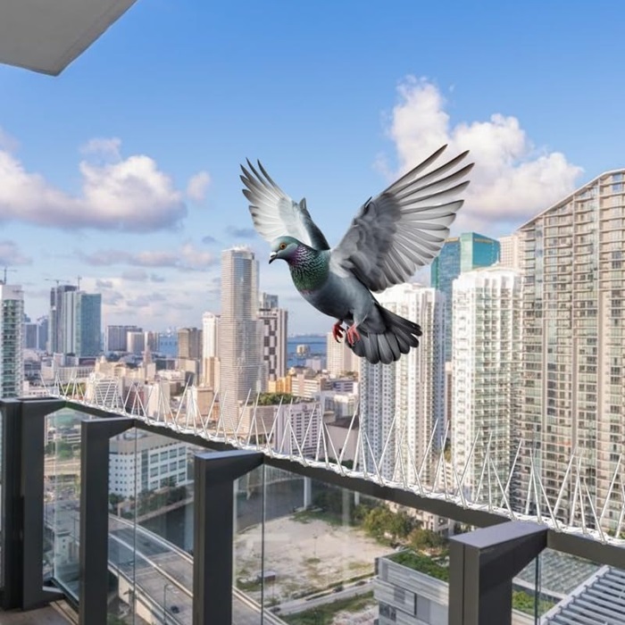 Stainless Steel Bird Deterrent Spikes on AC Unit and Building Ledge